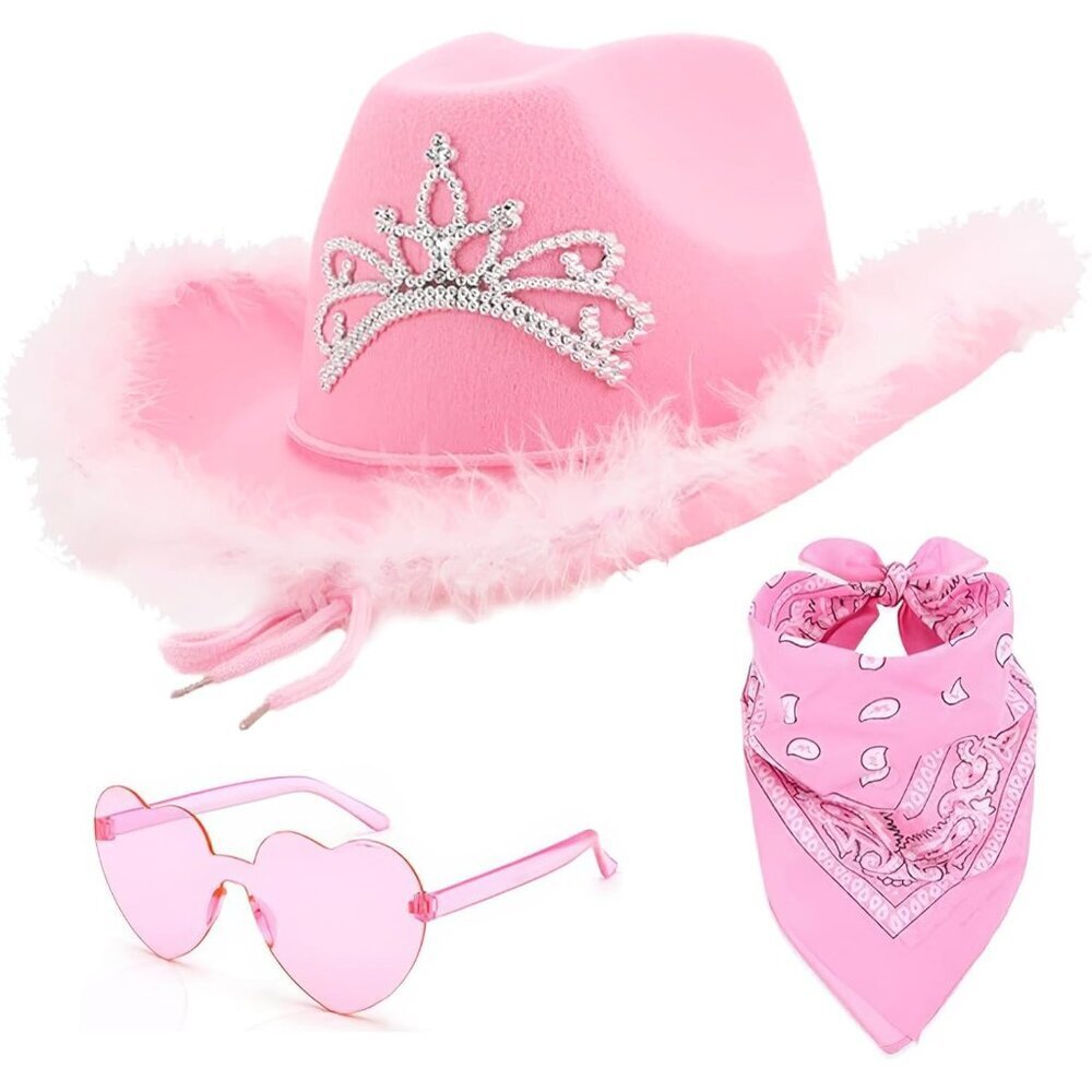 Pink Cowgirl Hat Set with Heart Sunglasses Bandana Western Costume Accessories